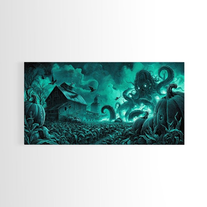 The Harvest Of The Eldritch Field, Biomechanical Horror Art, Wide Panoramic Art, Eldritch Wall Decor, Framed Canvas Print