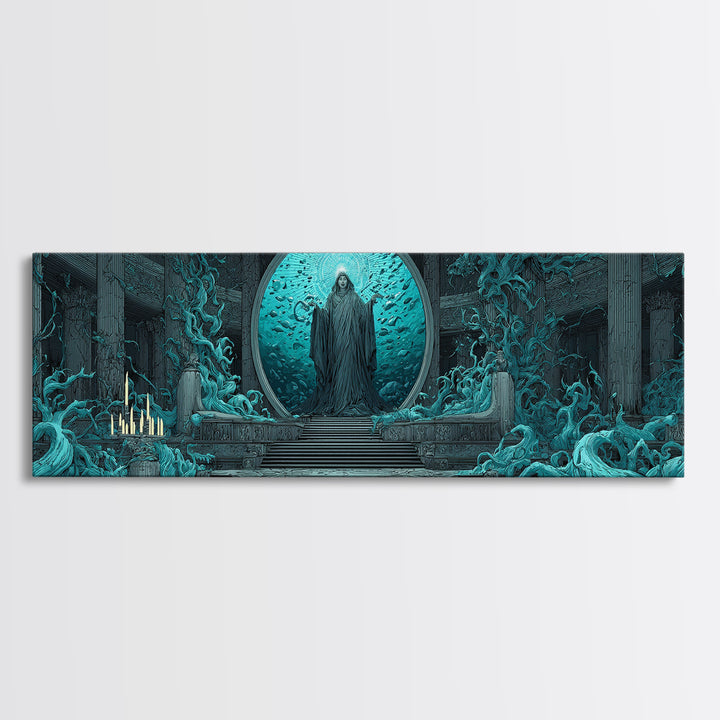 The Oracle Of The Glass Depths, Gothic Storybook Art, Extra Wide Wall Art, Eldritch Wall Decor, Framed Canvas Print, Horror Wall Art