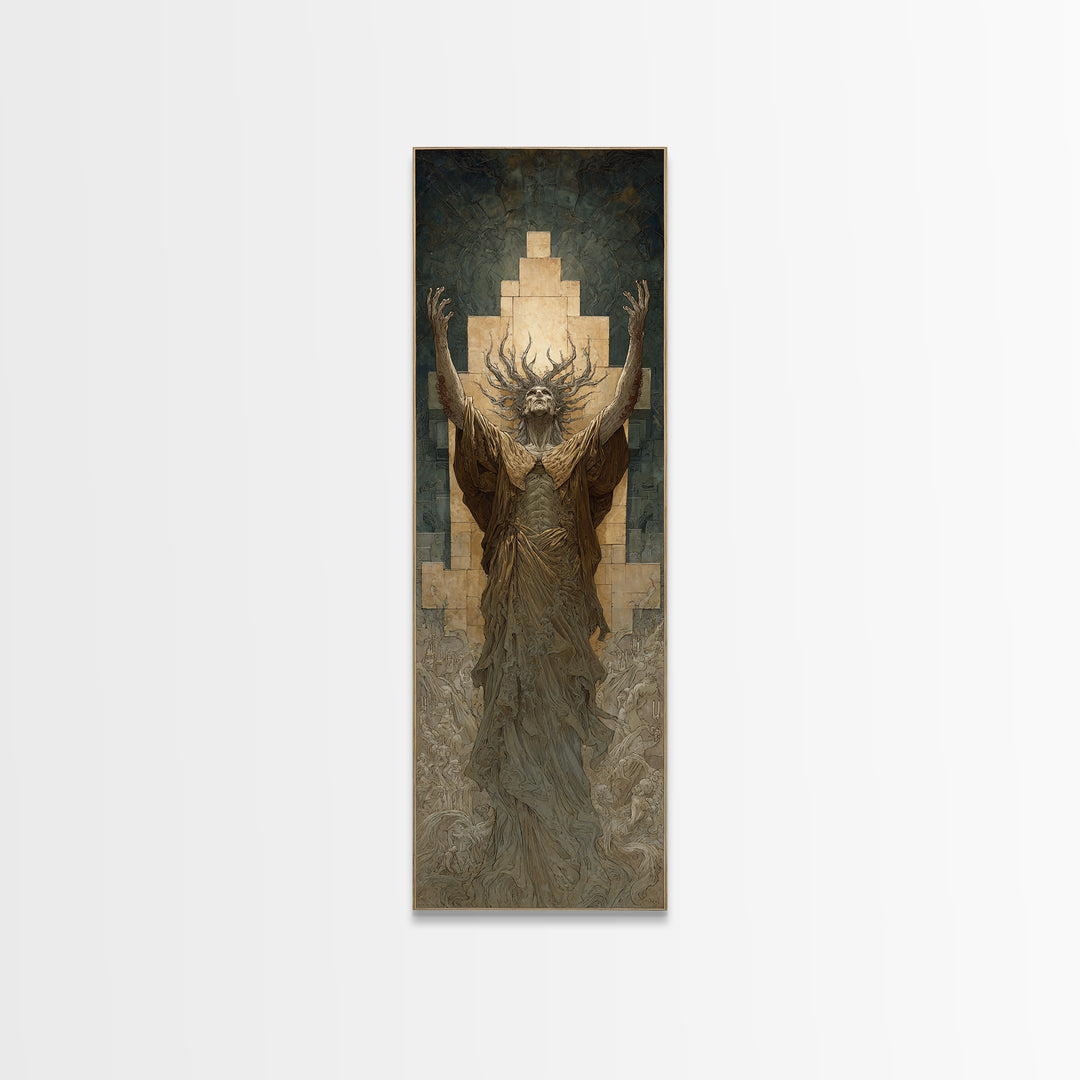 The Crown Of The Tentacled Saint, Gothic Engraving Art, Tall Narrow Wall Art, Eldritch Wall Decor, Framed Canvas Print