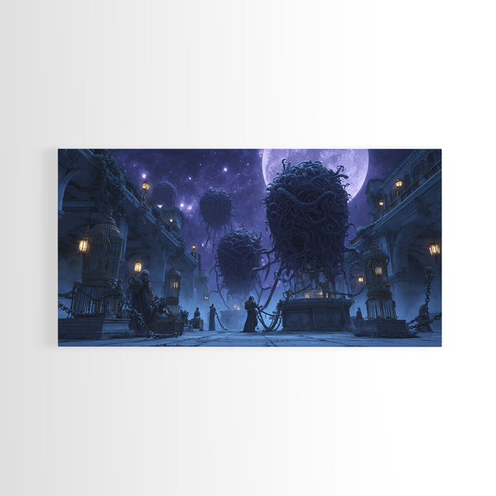 The Moonlit Shoggoth Menagerie, Apocalyptic Romantic Art, Wide Panoramic Art, Lovecraftian Horror Art, Framed Canvas Print, Horror Wall Art