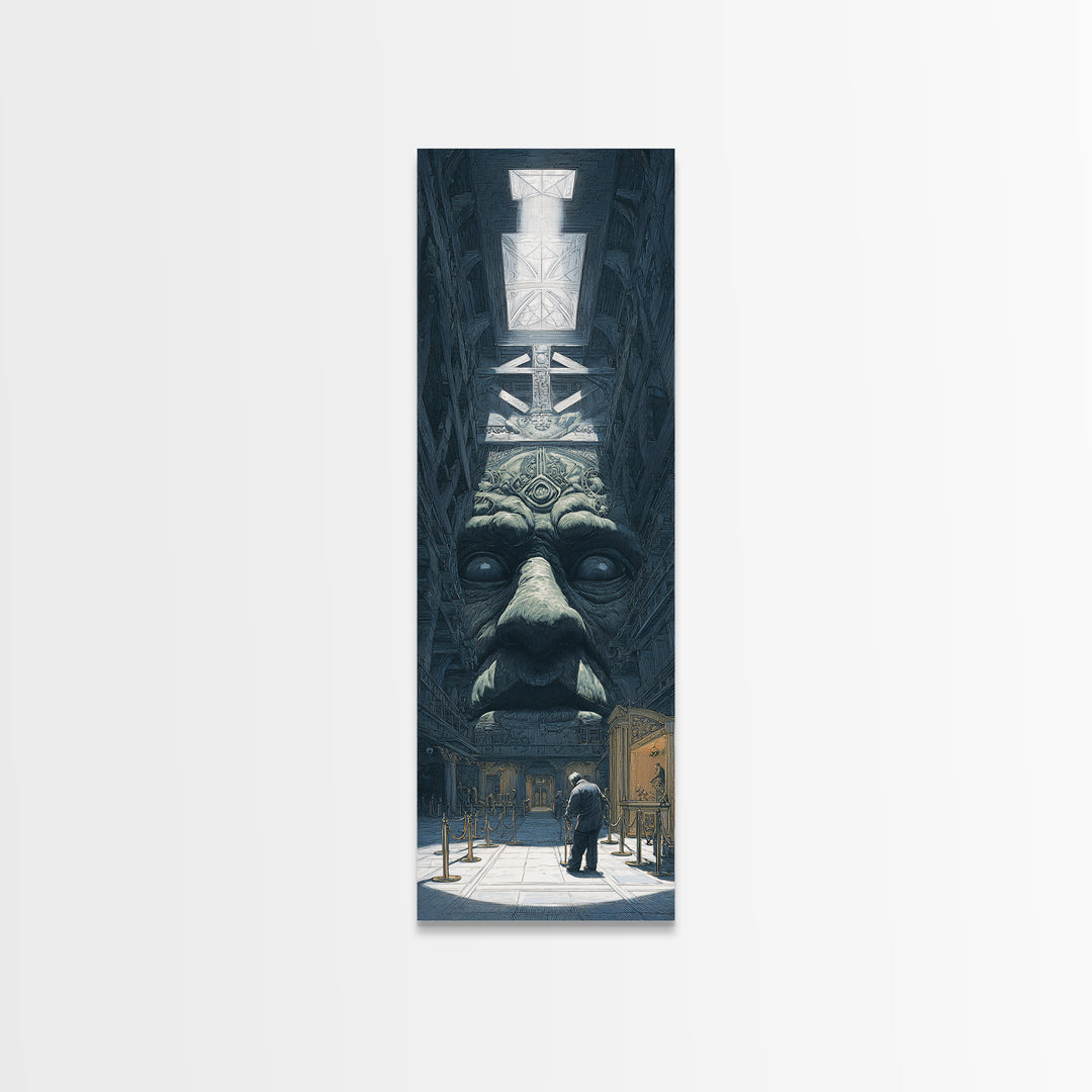 The Custodian Of The Whispering Idol, Gothic Engraving Art, Tall Narrow Wall Art, Eldritch Wall Decor, Framed Canvas Print