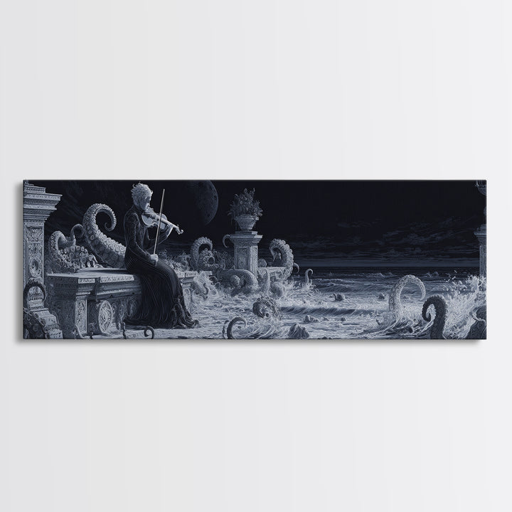 The Violinist Of The Drowned Moon, Biomechanical Horror Art, Extra Wide Wall Art, Cosmic Horror Art, Canvas Print, Halloween Wall Art