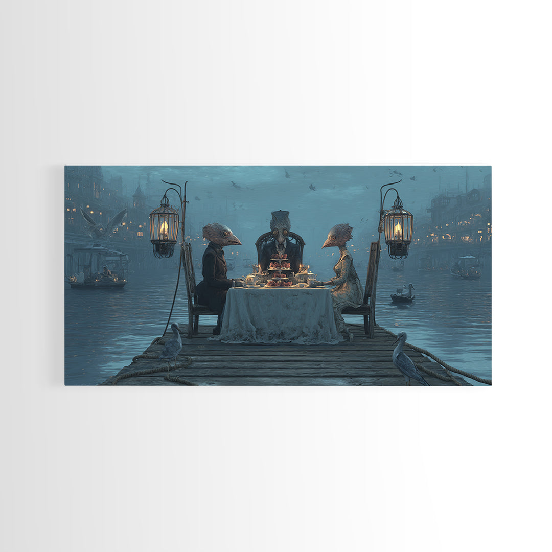 The Tea Party At Innsmouth Pier, Grotesque Carnival Art, Wide Panoramic Art, Dark Fantasy Wall Art, Canvas Print, Halloween Wall Art