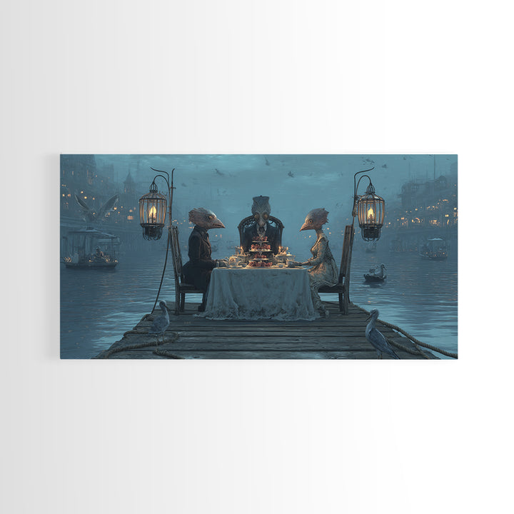 The Tea Party At Innsmouth Pier, Grotesque Carnival Art, Wide Panoramic Art, Dark Fantasy Wall Art, Canvas Print, Halloween Wall Art