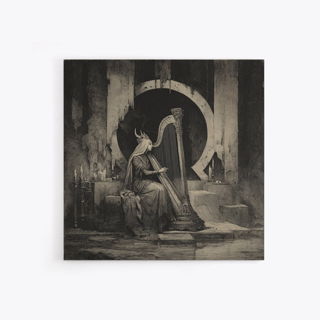 The Harpist Of Abyssal Sleep, Symbolist Dream Art, Square Wall Art, Dark Halloween Decor, Framed Canvas Print, Halloween Wall Art