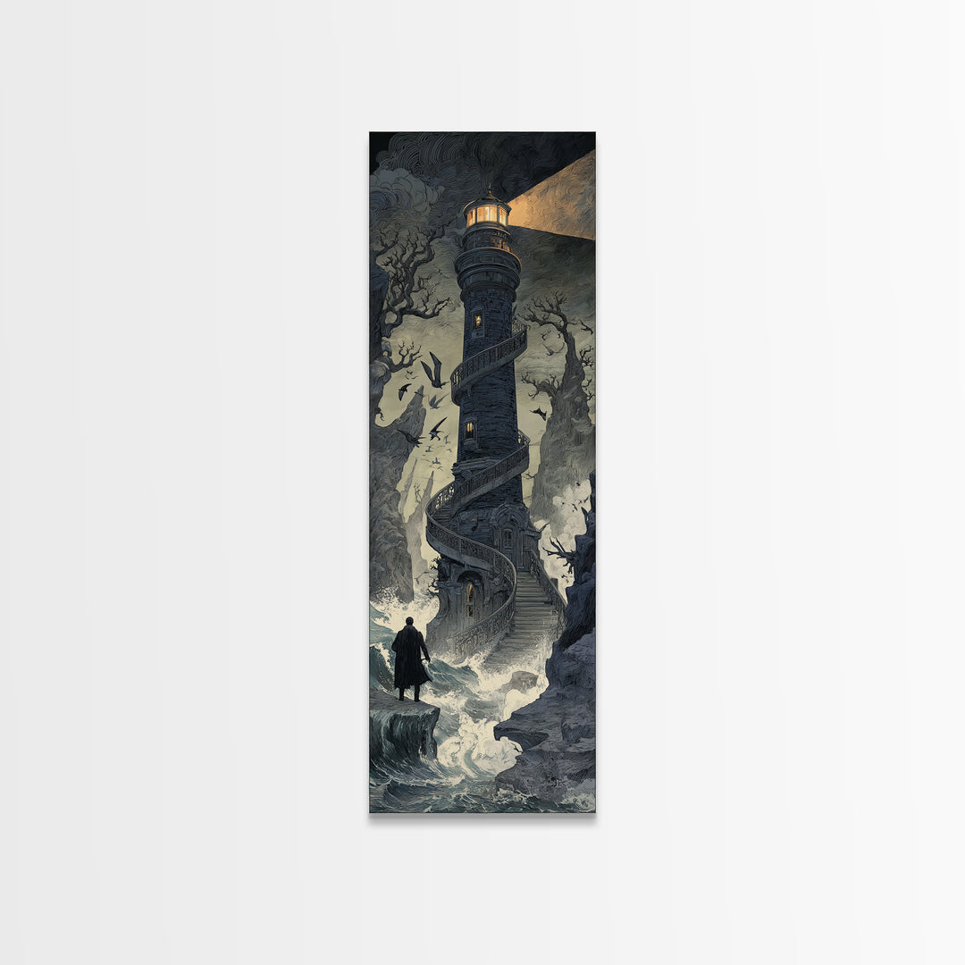 The Last Lighthouse Of Y’Ha-Nthlei, Symbolist Gothic Landscape, Tall Narrow Wall Art, Cosmic Horror Art, Canvas Print, Halloween Wall Art