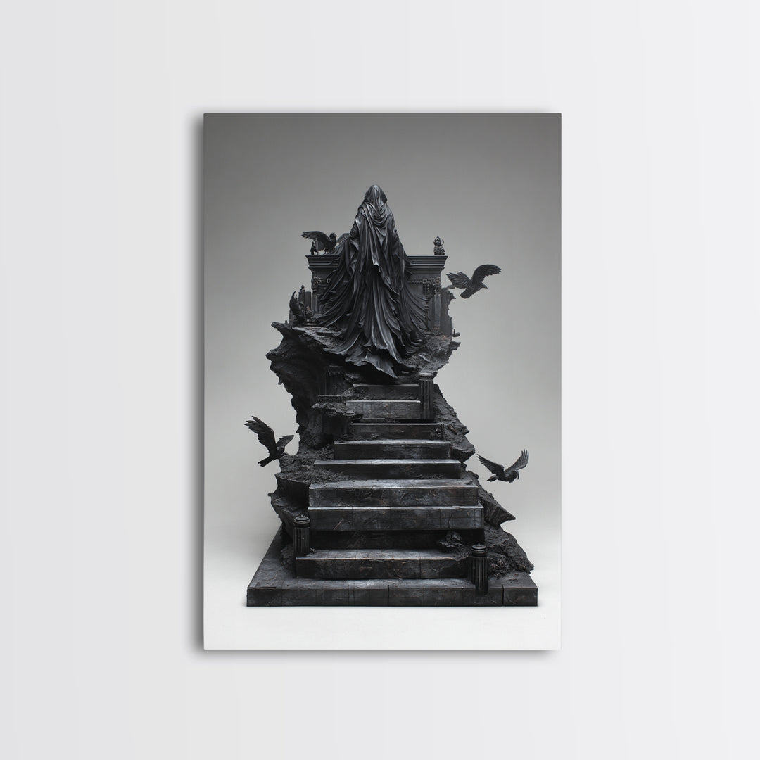 The Raven Sermon Of Leng, Biomechanical Horror Art, Vertical Wall Art, Dark Halloween Decor, Framed Canvas Print, Halloween Wall Art