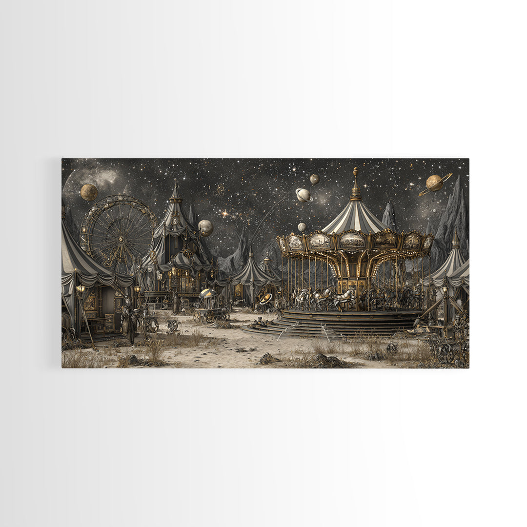 The Carousel Of Sleeping Planets, Apocalyptic Romantic Art, Wide Panoramic Art, Dark Halloween Decor, Framed Canvas Print