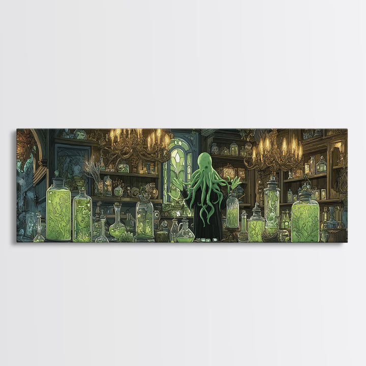 The Apothecary Of Black Seashell Dreams, Gothic Storybook Art, Extra Wide Wall Art, Eldritch Wall Decor, Framed Canvas Print