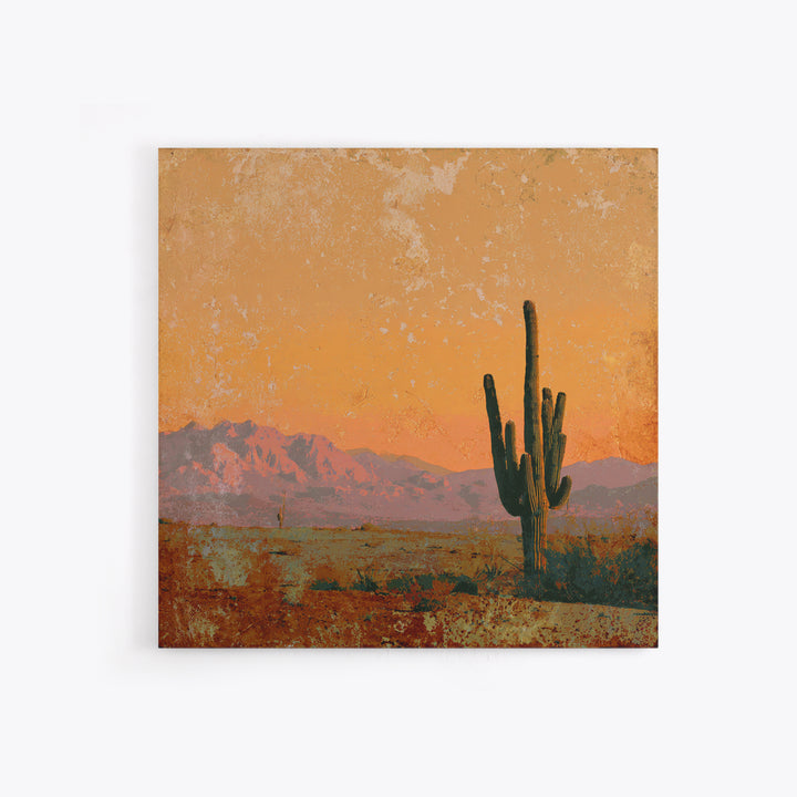 Saguaro Cactus under Orange Sunset Sky Framed Canvas Print, Desert Art, Textured Painting, Southwestern Decor, Fine Art, Desert, DES-1x1-1