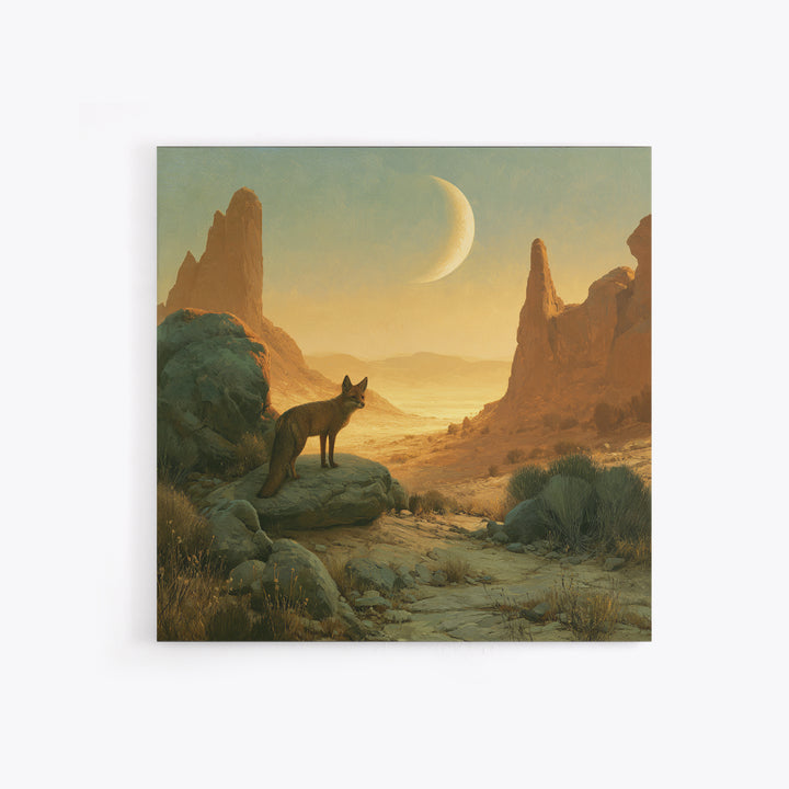 Desert Fox Beneath a Crescent Moon Canvas Print, Desert Art, Luxury Decor, Southwestern Decor, Fine Art, Desert, DES-1x1-17