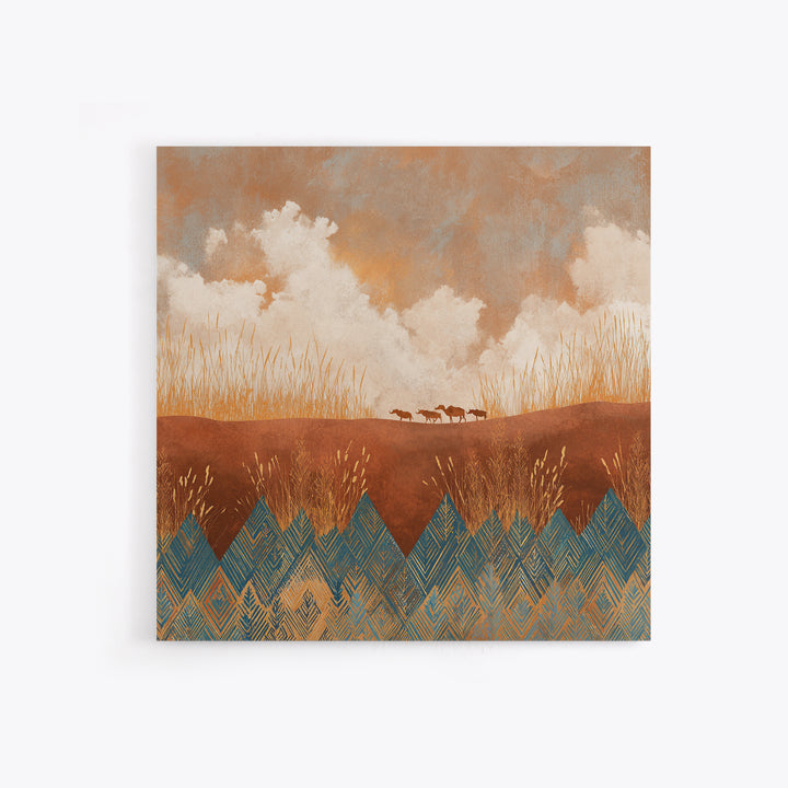 Saharan Dunes with Tiny Caravan Silhouettes Framed Canvas Print, Desert Art, Colorful Wall Art, Southwestern Decor, DES-1x1-2