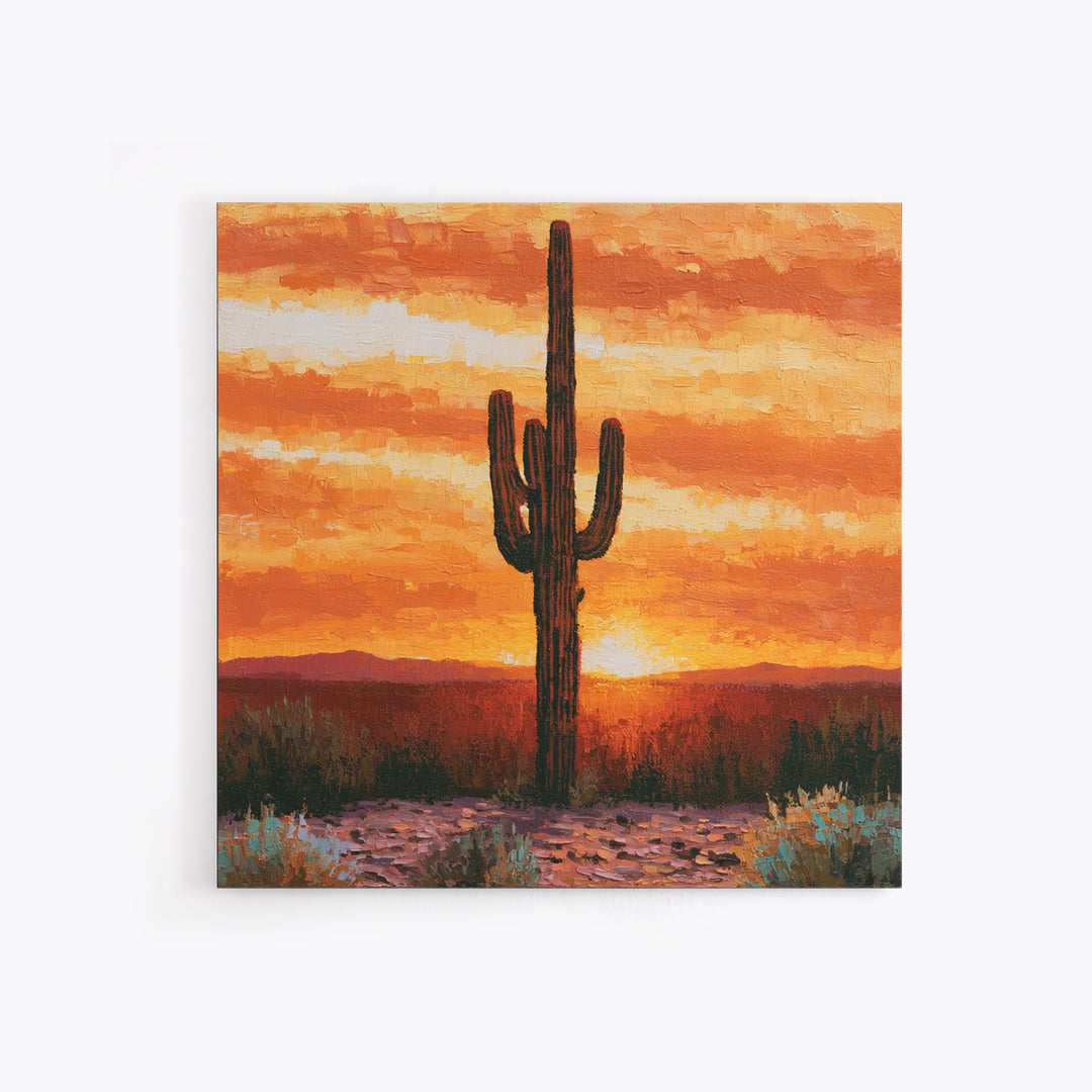 Saguaro Cactus under Orange Sunset Sky Canvas Print, Desert Art, Wall Decor, Southwestern Decor, Desert, Living Room Decor, DES-1x1-25