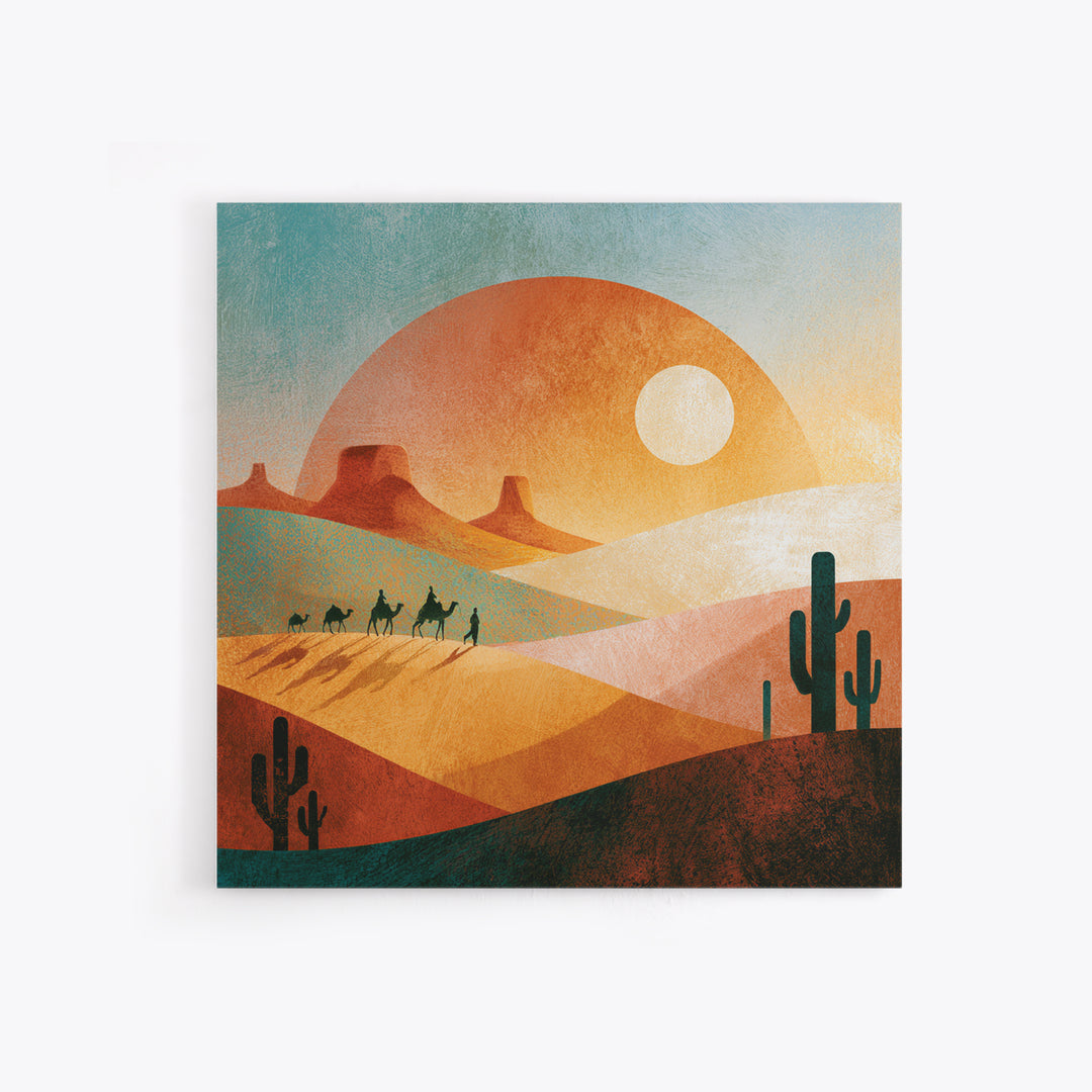 Saharan Dunes with Tiny Caravan Silhouettes Canvas Print, Desert Art, Neutral Decor, Southwestern Decor, Fine Art, Desert, DES-1x1-26