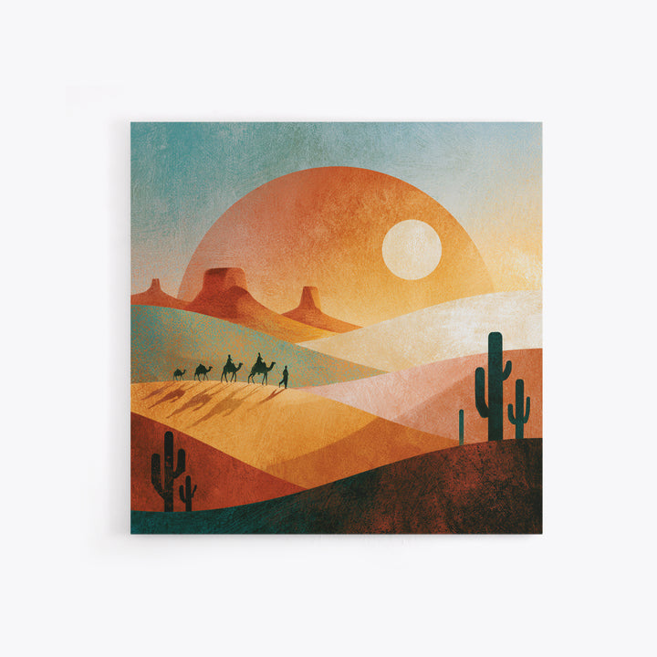 Saharan Dunes with Tiny Caravan Silhouettes Canvas Print, Desert Art, Neutral Decor, Southwestern Decor, Fine Art, Desert, DES-1x1-26
