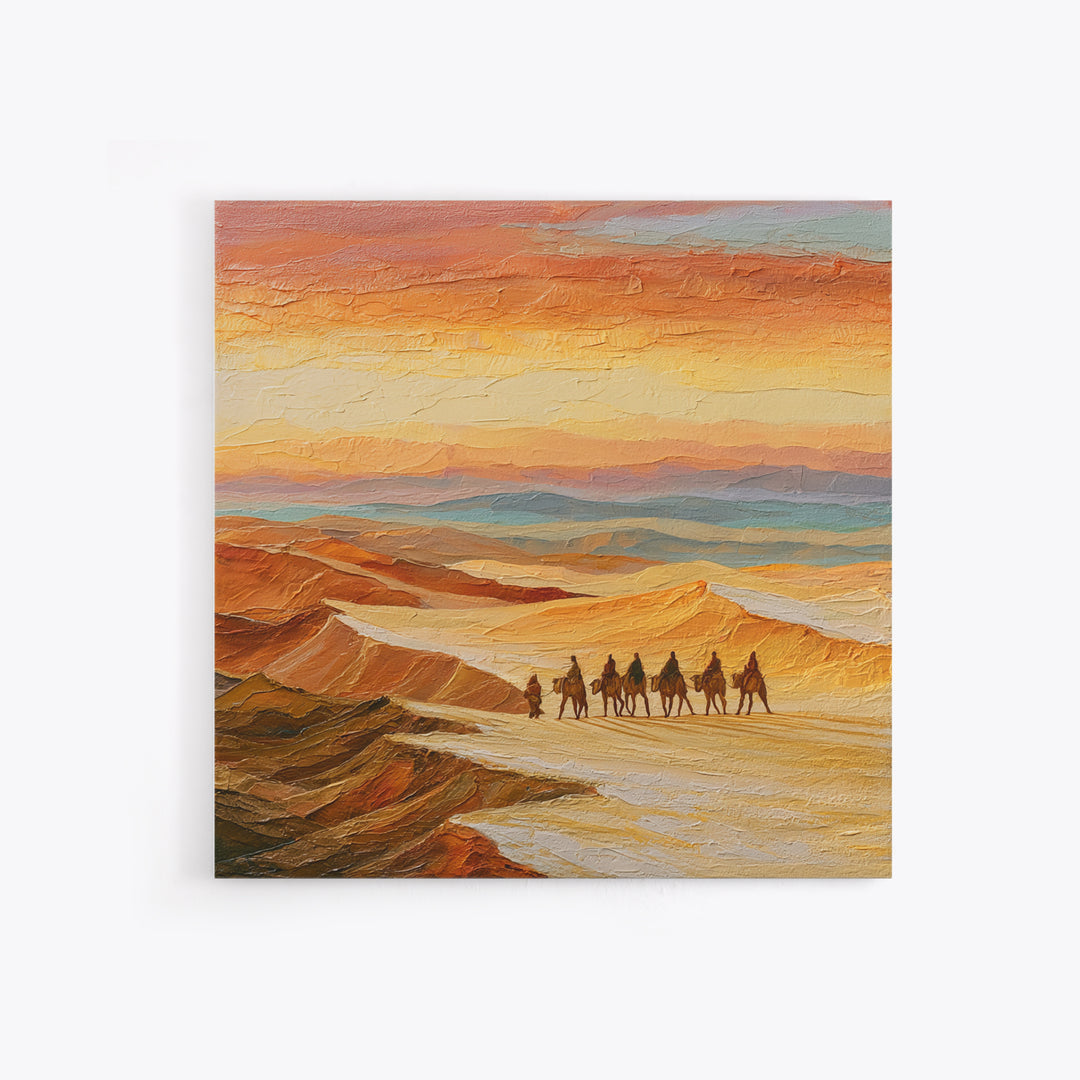 Camel Caravan Crossing Golden Dunes Canvas Print, Desert Art, Western Decor, Southwestern Decor, Fine Art, Desert, Modern Decor, DES-1x1-31