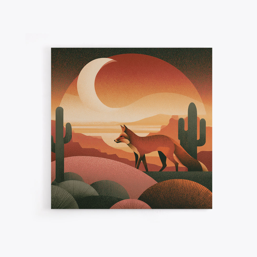 Desert Fox Beneath a Crescent Moon Framed Canvas Print, Desert Art, Wall Art, Southwestern Decor, Oil Painting, Desert, DES-1x1-41