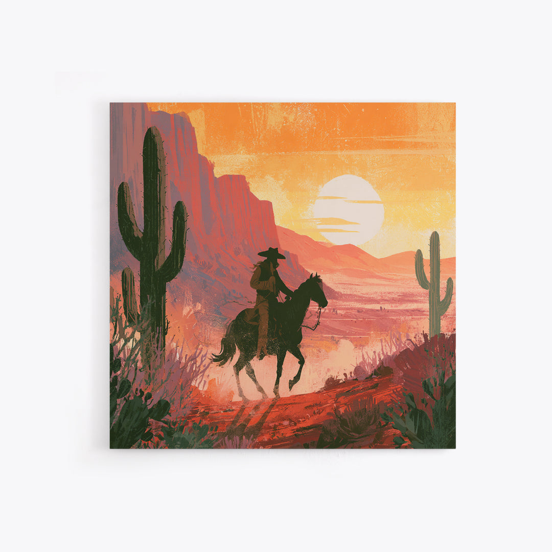 Dusty Horseback Rider at Sunset Framed Canvas Print, Desert Art, Modern Wall Art, Southwestern Decor, Fine Art, Desert, DES-1x1-47