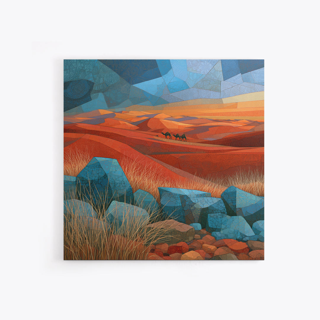 Saharan Dunes with Tiny Caravan Silhouettes Canvas Print, Desert Art, Neutral Decor, Southwestern Decor, Fine Art, Desert, DES-1x1-50