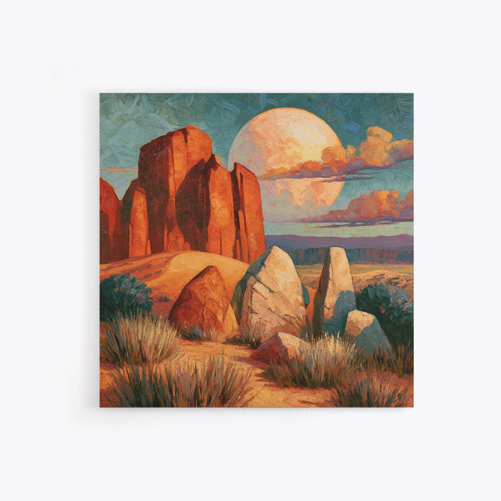 Desert Moon over Rolling Sand Framed Canvas Print, Desert Art, Fine Art Print, Southwestern Decor, Watercolor Art, Desert, DES-1x1-58
