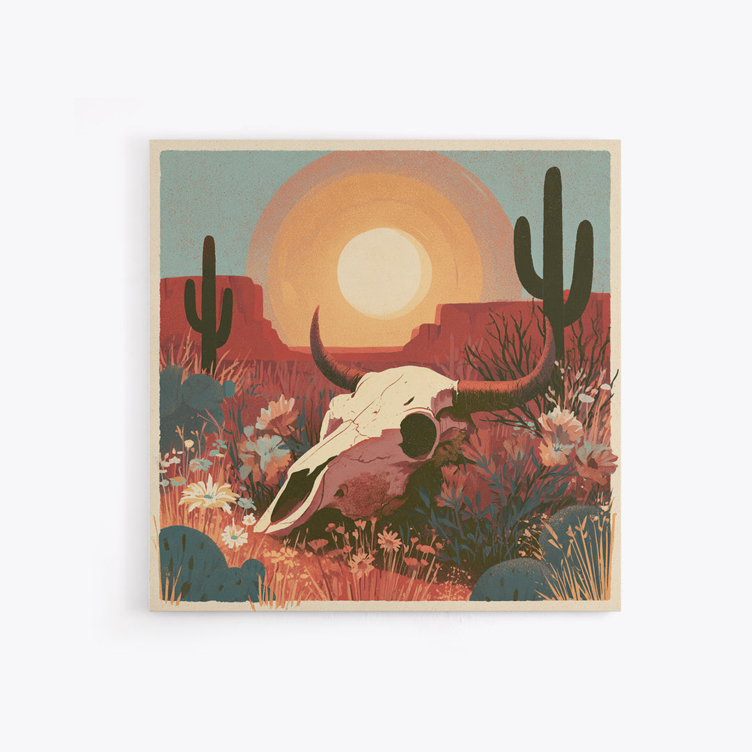 Sun Bleached Skull and Desert Flowers Canvas Print, Desert Art, Western Decor, Southwestern Decor, Desert, Modern Decor, DES-1x1-60