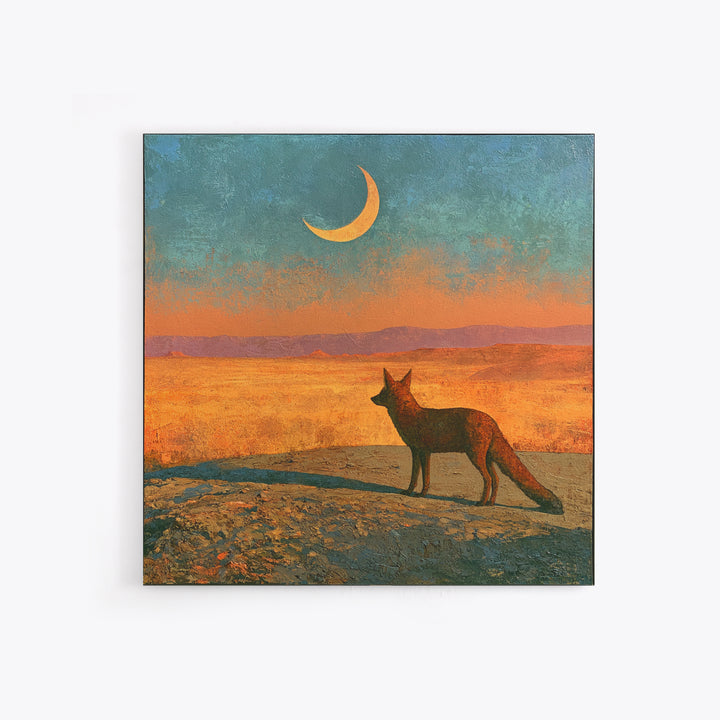 Desert Fox Beneath a Crescent Moon Framed Canvas Print, Desert Art, Wall Art, Southwestern Decor, Oil Painting, Desert, DES-1x1-65