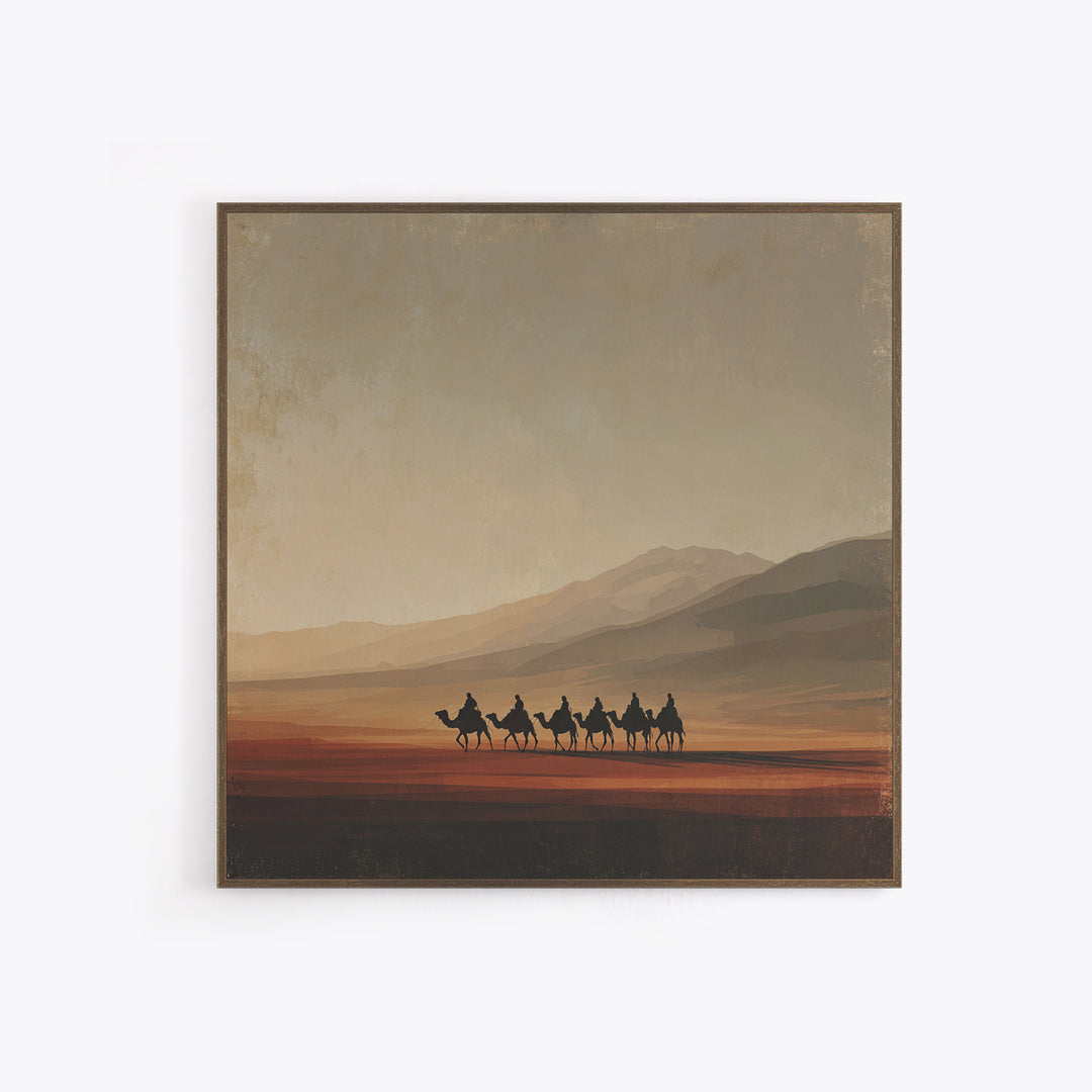 Camel Caravan Crossing Golden Dunes Framed Canvas Print, Desert Art, Living Room Decor, Southwestern Decor, Oil Painting, DES-1x1-7