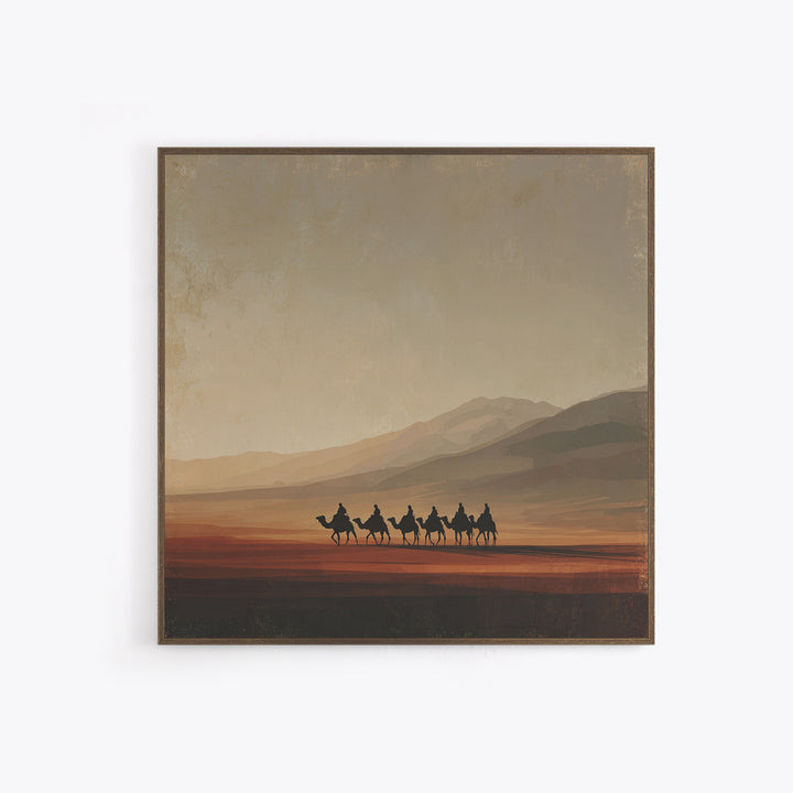 Camel Caravan Crossing Golden Dunes Framed Canvas Print, Desert Art, Living Room Decor, Southwestern Decor, Oil Painting, DES-1x1-7