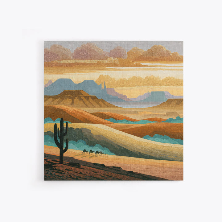 Saharan Dunes with Tiny Caravan Silhouettes Framed Canvas Print, Desert Art, Art Print, Southwestern Decor, Fine Art, Desert, DES-1x1-74