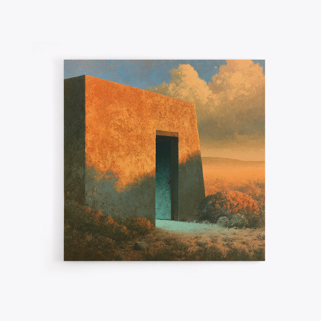 Adobe Doorway with Turquoise Shadow Canvas Print, Desert Art, Oil Painting, Southwestern Decor, Desert, Bedroom Wall Art, DES-1x1-77