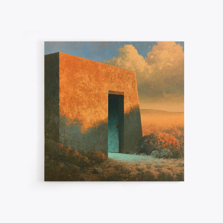 Adobe Doorway with Turquoise Shadow Canvas Print, Desert Art, Oil Painting, Southwestern Decor, Desert, Bedroom Wall Art, DES-1x1-77