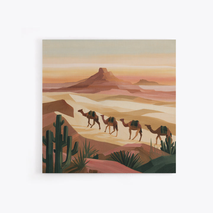 Camel Caravan Crossing Golden Dunes Framed Canvas Print, Desert Art, Art Print, Southwestern Decor, Fine Art, Desert, DES-1x1-79