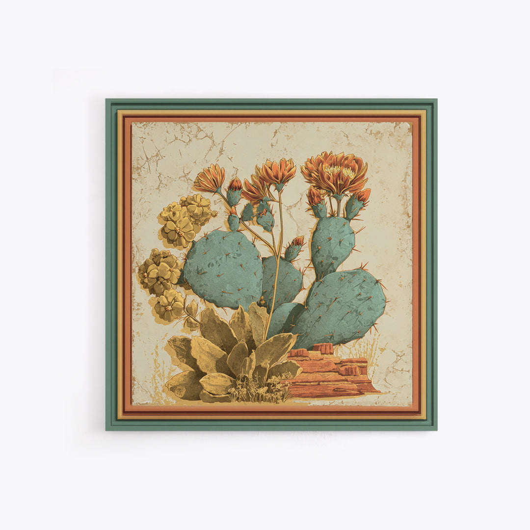 Cactus Botanical Plate Framed Canvas Print, Desert Art, Southwestern Decor, Oil Painting, Desert, Bedroom Wall Art, DES-1x1-8