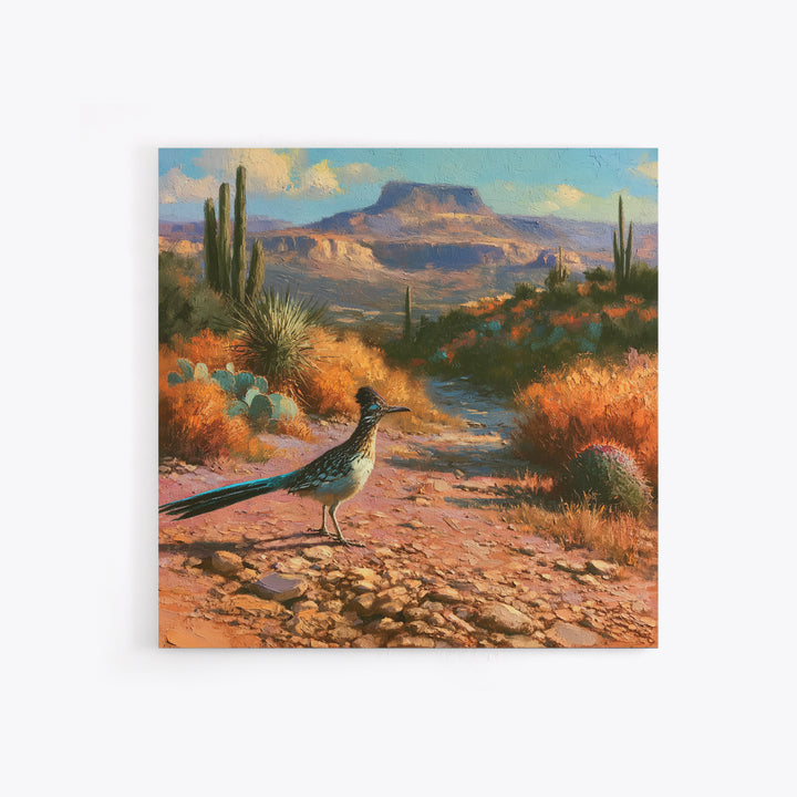 Roadrunner Bird in a Dry Wash Canvas Print, Desert Art, Minimalist Decor, Southwestern Decor, Oil Painting, Desert, Boho, DES-1x1-86
