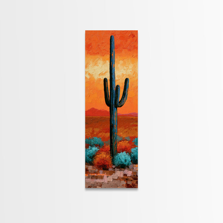 Saguaro Cactus under Orange Sunset Sky Canvas Print, Desert Art, Printable Wall Art, Southwestern Decor, Oil Painting, Desert, DES-1x3-13