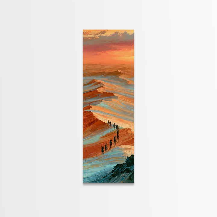 Camel Caravan Crossing Golden Dunes Framed Canvas Print, Desert Art, Mountain Wall Art, Southwestern Decor, Oil Painting, DES-1x3-19