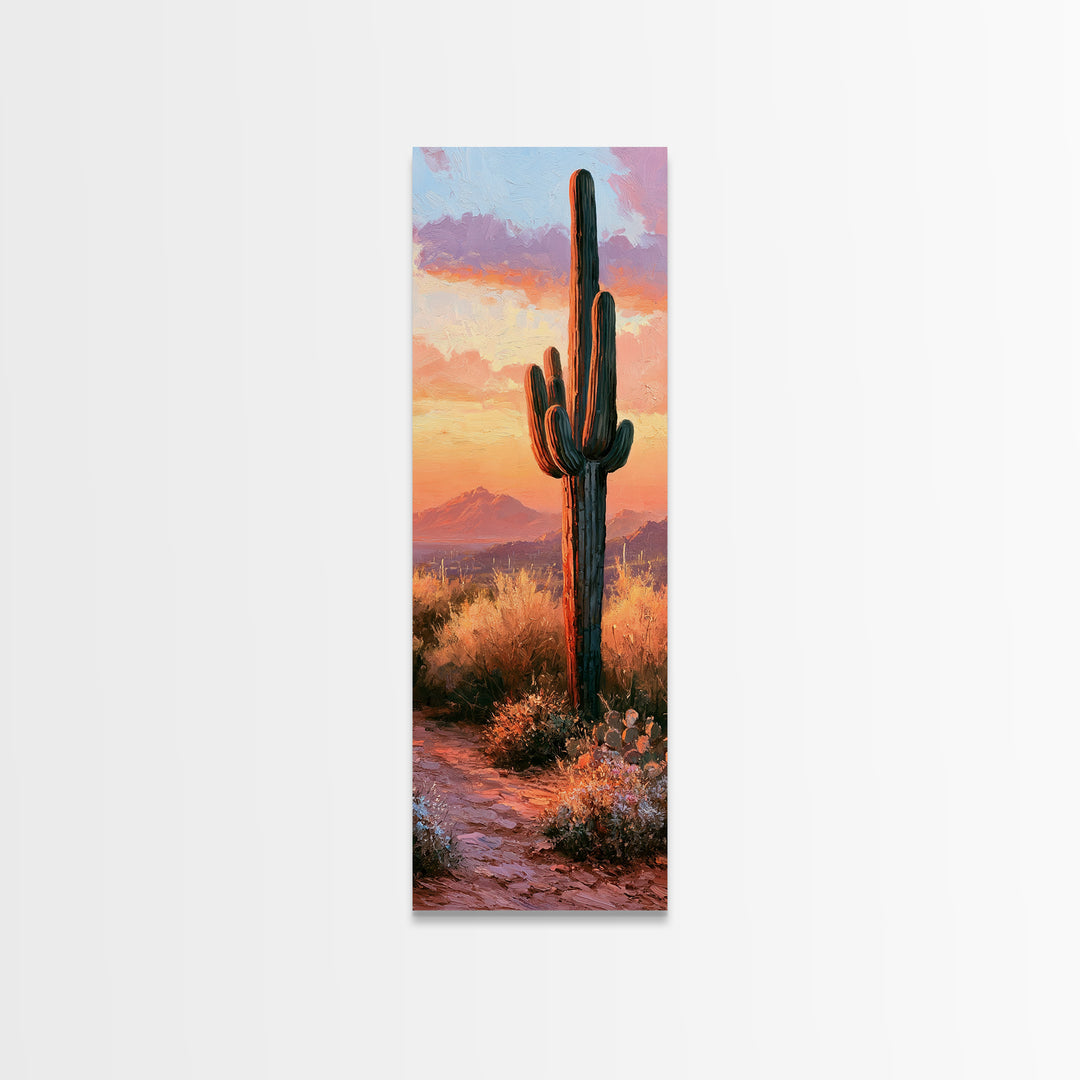 Saguaro Cactus under Orange Sunset Sky Canvas Print, Desert Art, Printable Wall Art, Southwestern Decor, Oil Painting, Desert, DES-1x3-37