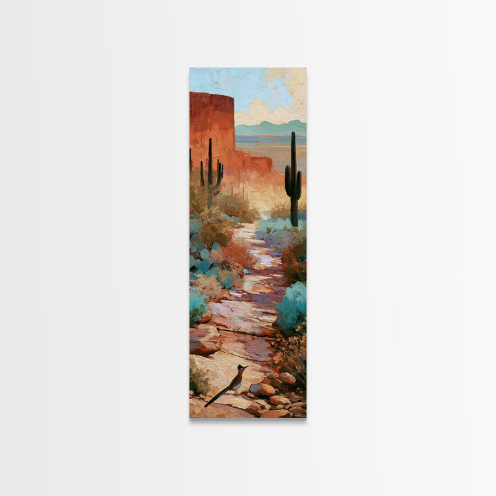 Roadrunner Bird in a Dry Wash Framed Canvas Print, Desert Art, Textured Painting, Southwestern Decor, Fine Art, Desert, DES-1x3-74