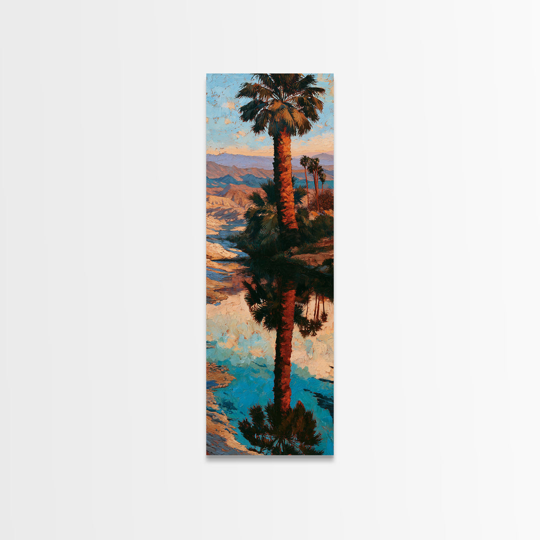 Palm Oasis Reflected Framed Canvas Print, Desert Art, Wall Art, Southwestern Decor, Oil Painting, Desert, Apartment Decor, DES-1x3-75
