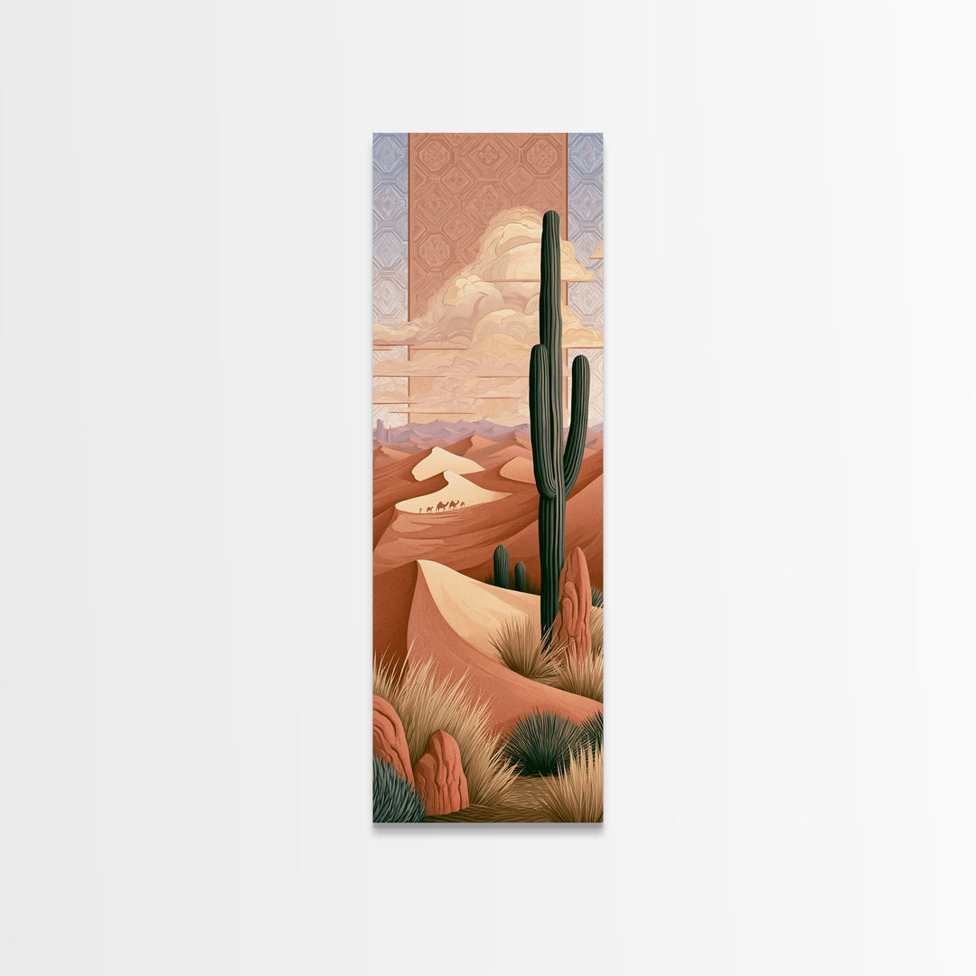 Saharan Dunes with Tiny Caravan Silhouettes Canvas Print, Desert Art, Print, Southwestern Decor, Desert, Watercolor Painting, DES-1x3-86