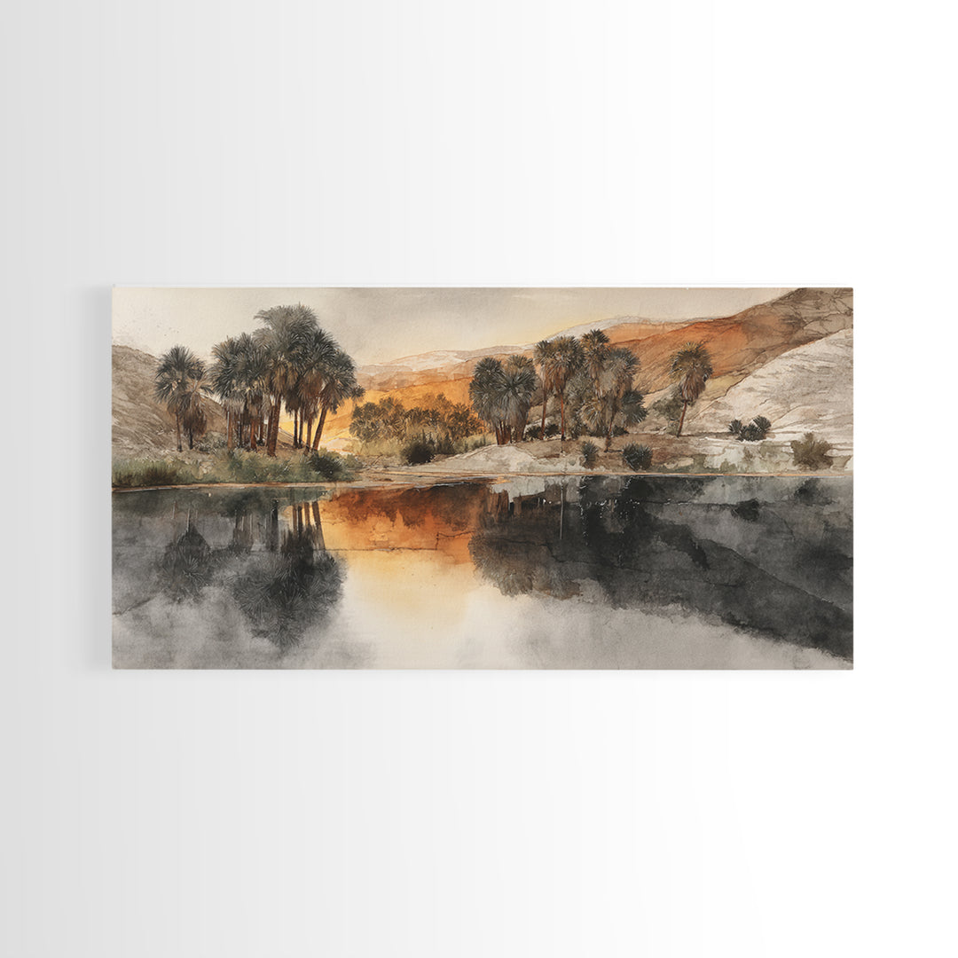 Palm Oasis Reflected Framed Canvas Print, Desert Art, Western Wall Art, Southwestern Decor, Watercolor Art, Desert, DES-2x1-11