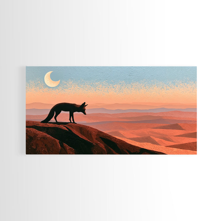 Desert Fox Beneath a Crescent Moon Framed Canvas Print, Desert Art, Original Art, Southwestern Decor, Fine Art, Desert, DES-2x1-37