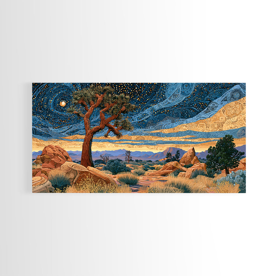 Joshua Tree under Star Filled Night Framed Canvas Print, Desert Art, Southwestern Decor, Oil Painting, Desert, DES-2x1-50
