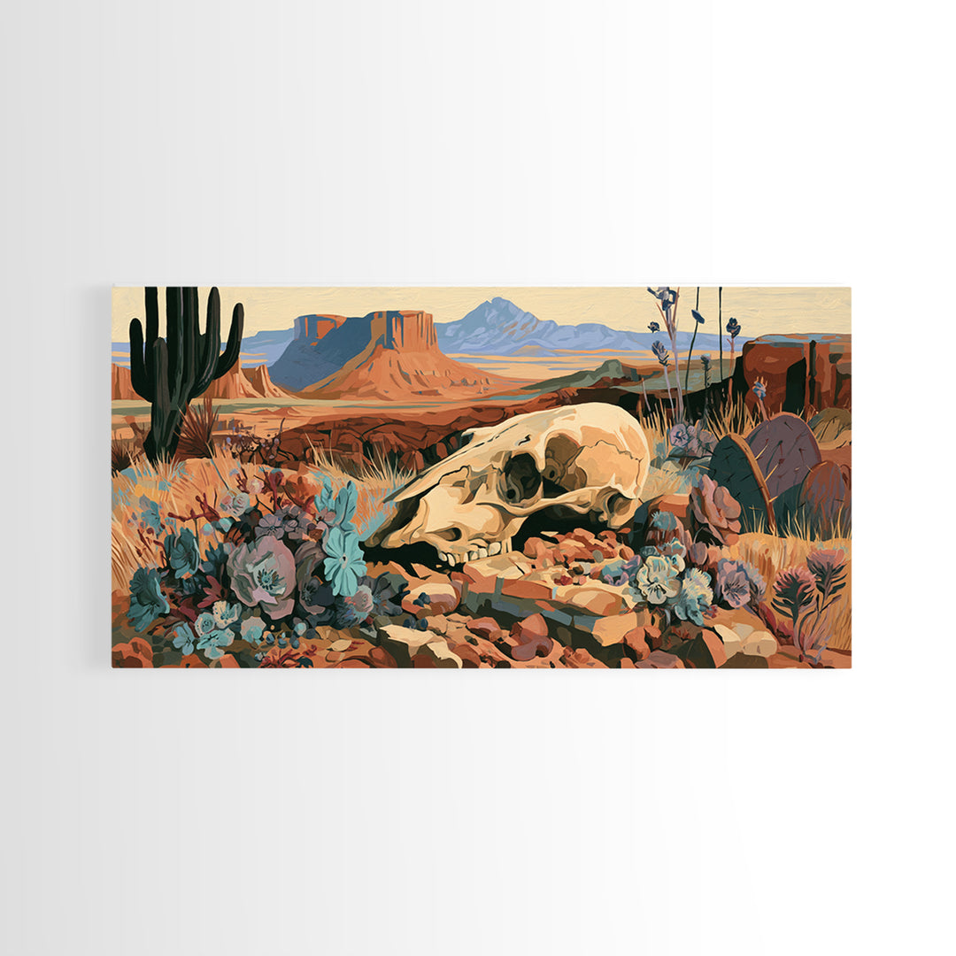 Sun Bleached Skull and Desert Flowers Framed Canvas Print, Desert Art, Wall Art Prints, Southwestern Decor, Fine Art, Desert, DES-2x1-56