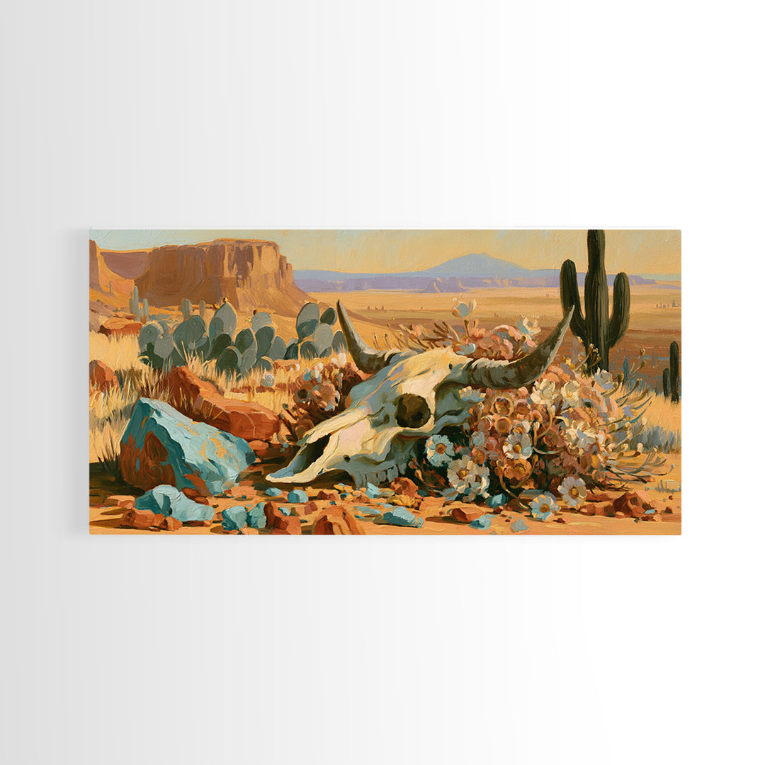 Sun Bleached Skull and Desert Flowers Framed Canvas Print, Desert Art, Art Print, Southwestern Decor, Watercolor Art, Desert, DES-2x1-8