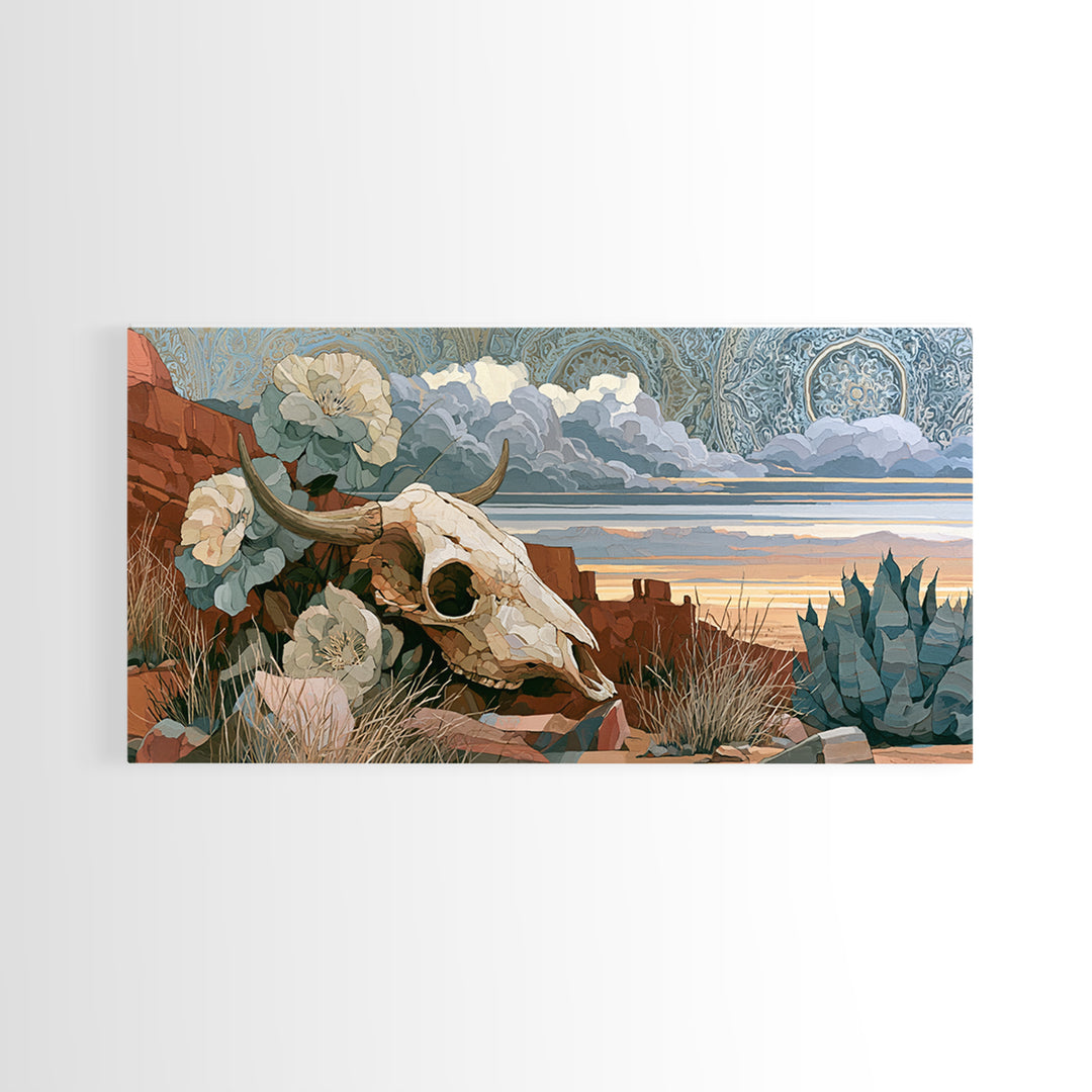 Sun Bleached Skull and Desert Flowers Framed Canvas Print, Desert Art, Modern Wall Art, Southwestern Decor, Oil Painting, DES-2x1-80