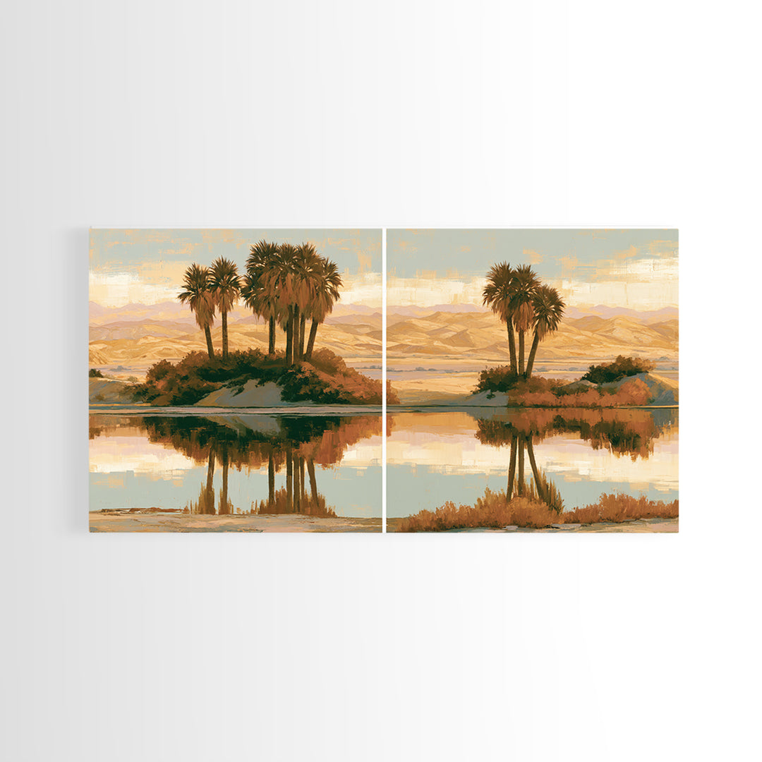Palm Oasis Reflected Framed Canvas Print, Desert Art, Wall Art Prints, Southwestern Decor, Oil Painting, Desert, Boho Decor, DES-2x1-83