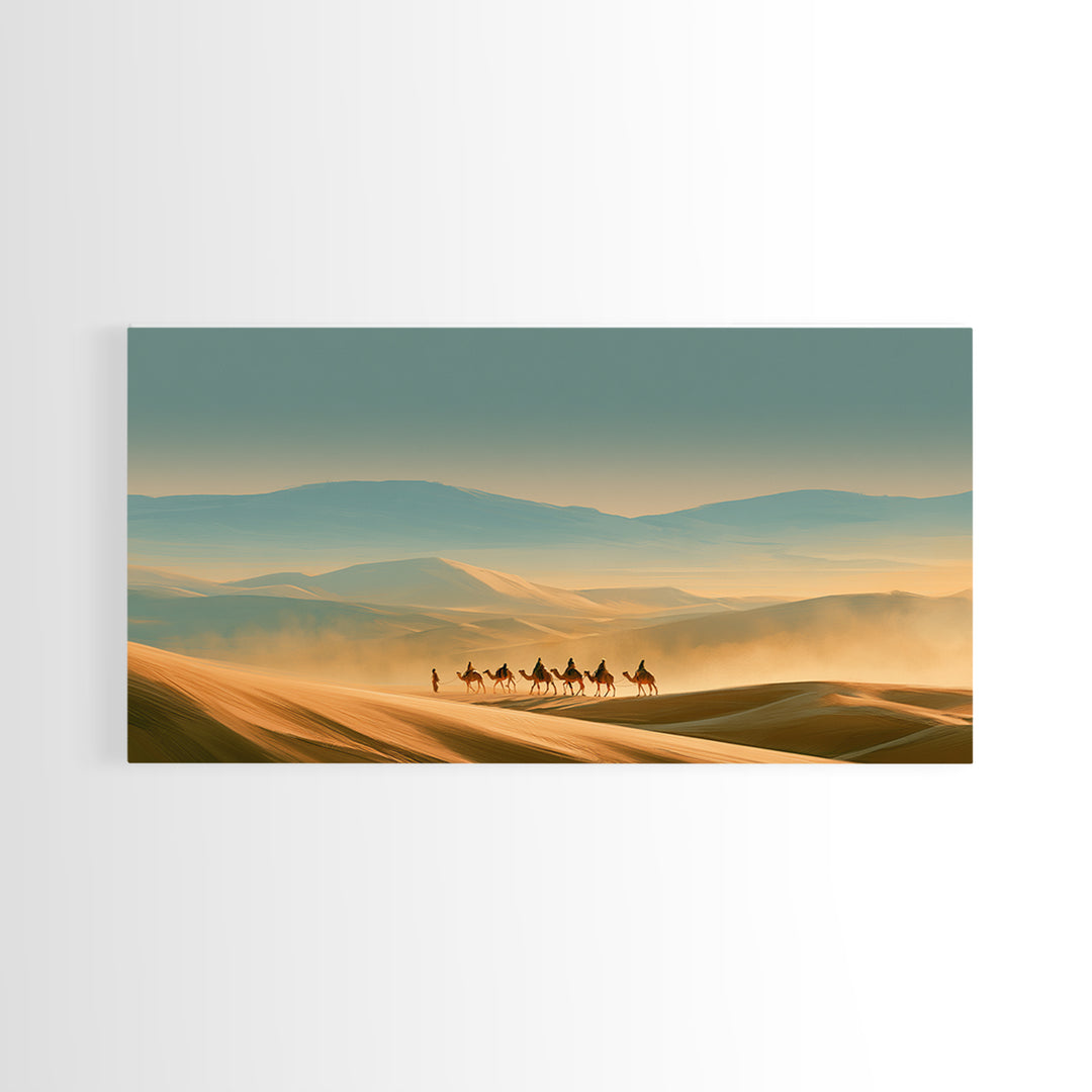 Camel Caravan Crossing Golden Dunes Framed Canvas Print, Desert Art, Western Wall Art, Southwestern Decor, Fine Art, Desert, DES-2x1-99