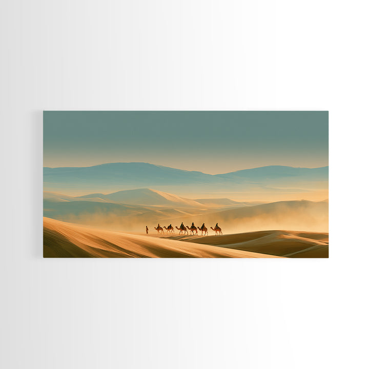 Camel Caravan Crossing Golden Dunes Framed Canvas Print, Desert Art, Western Wall Art, Southwestern Decor, Fine Art, Desert, DES-2x1-99