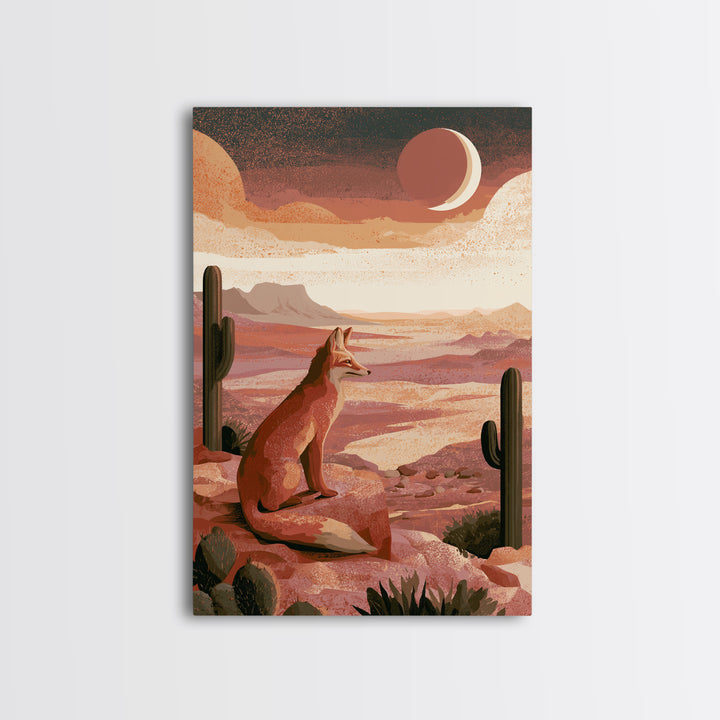 Desert Fox Beneath a Crescent Moon Framed Canvas Print, Desert Art, Abstract Wall Art, Southwestern Decor, Oil Painting, Desert, DES-2x3-1